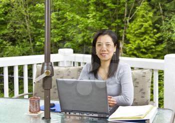 Asian lady working at home  on her outdoor patio