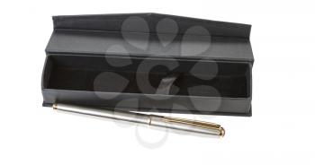 Horizontal photo of open texture pen case and pen on white background