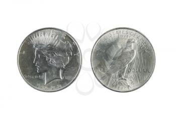 Closeup photo of a Two Peace Silver Dollars, obverse and reverse sides, isolated on white  
