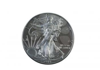 Closeup photo of an uncirculated condition American Silver Eagle Dollar isolated on white 