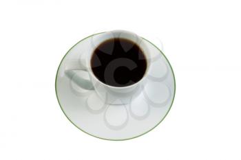 Closeup photo of black coffee, in small cup, with saucer underneath isolated on white 