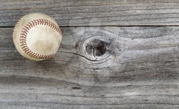 Horizontal top view angle of old baseball on rustic wood 