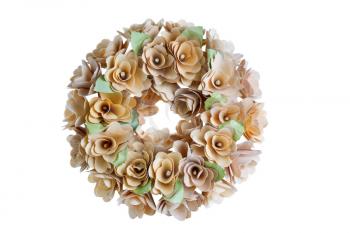 Wreath made with real natural birch wood isolated on white background. 