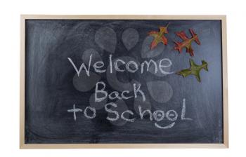 Chalkboard with text stating welcome back to school with autumn leaves. Isolated on white background. 