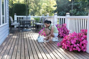 Mature woman grooming her pet dog while outdoors on home deck during summer morning
