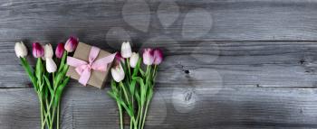 Overhead view of pink tulips surrounding a giftbox on rustic wood for Mothers Day concept 