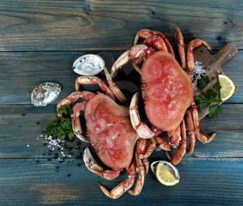 Freshly cooked crab with other ingredients in flat lay format for seafood background concept  