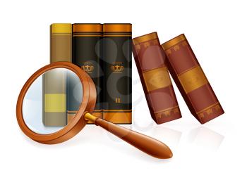 Magnifying glass and books, vector