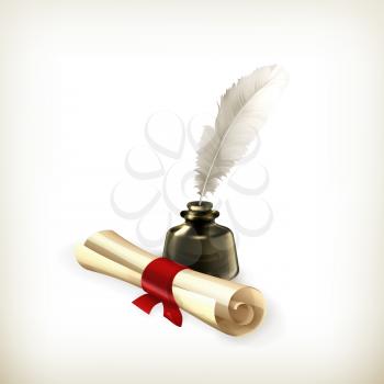 Ancient scroll and feather, vector