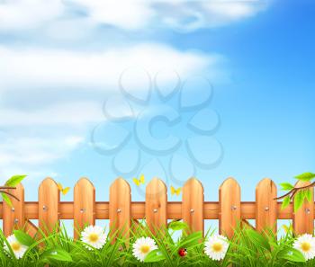 Spring background, grass and wooden fence vector