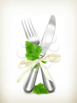 Table knife and fork with parsley, vector icon