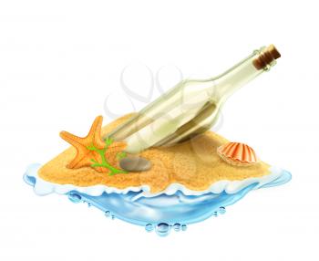 Bottle with a letter in the sand vector illustration