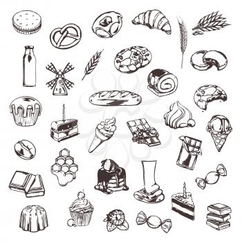 Confectionery, sketches of icons vector set