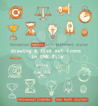 Drawing and flat set icons, conceptual vector with different styles