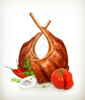 Grilled meat ribs with tomato, onion, dill and chili pepper, vector icon