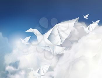 Paper origami doves in the clouds vector illustration