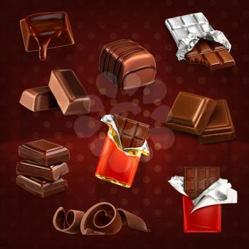 Chocolate bars and pieces, vector set dark