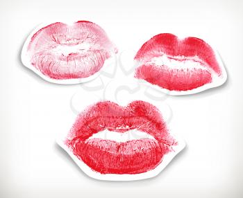 Lipstick kiss in red and pink, isolated on white background, vector stickers
