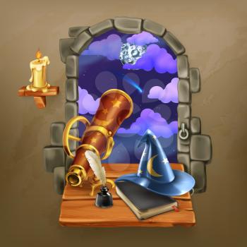 Window in the castle, magic and astrology vector illustration