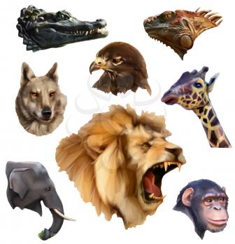 Animal heads, low poly style icons set