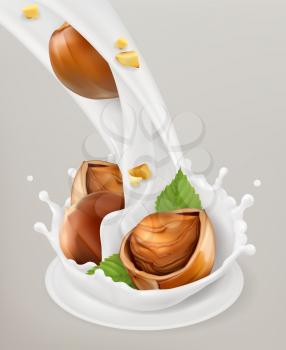 Milk splash and hazelnuts. 3d vector object. Natural dairy products