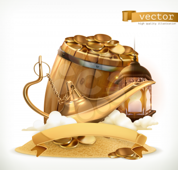 Treasure. Genie lamp and wooden barrel with gold coins. 3d vector icon