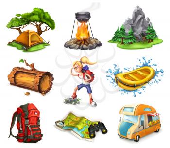 Camp and adventure, 3d vector icons set
