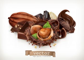 Chocolate bars and pieces. Hazelnut and chocolate splash. Realistic illustration. 3d vector icon