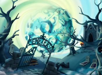 Cemetery, halloween background. Cartoon landscape, 3d vector graphics