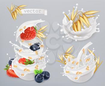 Oatmeal. Oat grains, strawberry, blueberry and milk splashes. 3d realistic vector icon set