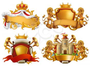 Coats of arms. King and kingdom. 3d vector emblem set