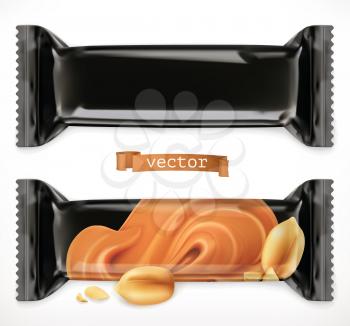 Black polymer packaging for foods. Chocolate bar, 3d realistic vector icon