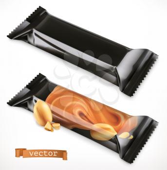 Black polymer packaging for foods. Chocolate bar, 3d realistic vector icon