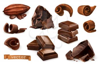 Chocolate. Pieces, shavings, cocoa fruit. 3d realistic vector icon set