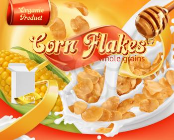 Corn flakes, honey and milk splashes. 3d realistic vector, package design