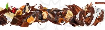 Chocolate mix. Splashes with fruits, nuts, caramel and milk chocolate. 3d vector realistic set