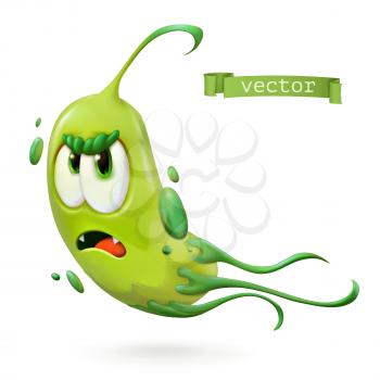 Virus, bacteria. Green funny monster, cartoon character. 3d vector icon