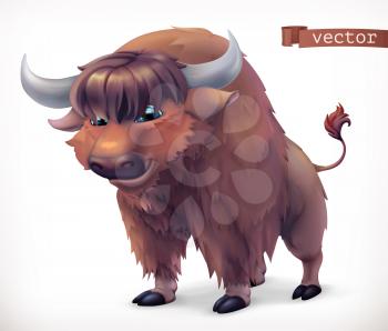 Yak, buffalo cartoon character. Funny animal, 3d vector icon