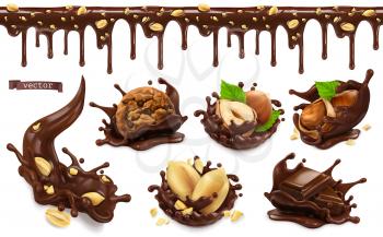 Chocolate splashes with peanuts, hazel nuts, chocolate cookies. Seamless pattern. 3d vector realistic food objects set