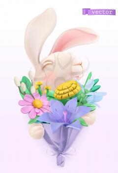 Easter bunny with a bouquet of wildflowers. 3d vector plasticine art object