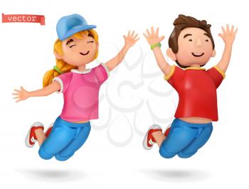 Funny kids, girl and boy. 3d vector cartoon icon