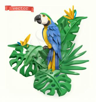 Parrot and tropical leaves. Summer time concept. 3d vector objects. Plasticine art illustration