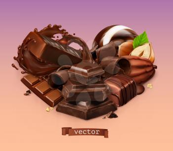 Realistic Chocolate. Chocolate bar, splash, candy, pieces, shavings, cocoa bean and hazelnut. 3d vector