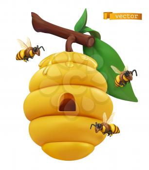 Beehive on tree branch and honey bees. 3d vector cartoon illustration