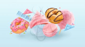 Falling cupcake and donuts. 3d realistic vector background