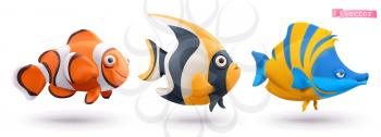 Funny tropical fish. Clownfish, angelfish, butterflyfish 3d vector cartoon icon set