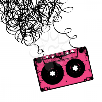Audiocassette tape with tangled. Vector illustration.