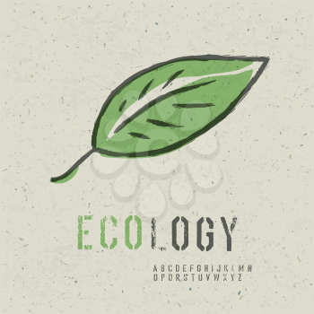 Ecology concept collection. Include green leaf image, seamless reuse paper texture in swatch palette and stencil alphabet. Vector, EPS10