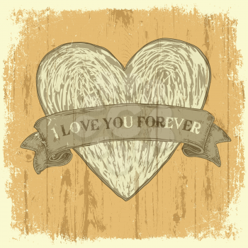 Grunge heart with ribbon. Vintage background, vector.
