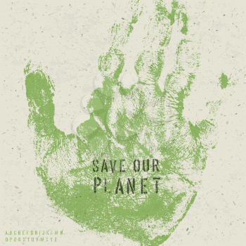 Save our planet poster with hand print image and stencil alphabet. Vector, EPS10